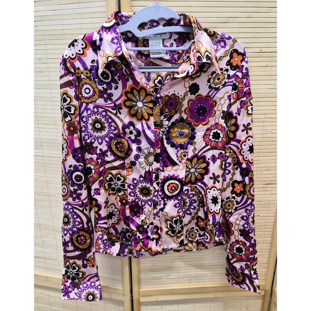 Retro Floral Silk Blouse Mod 60s Inspired Y2K Statement Top